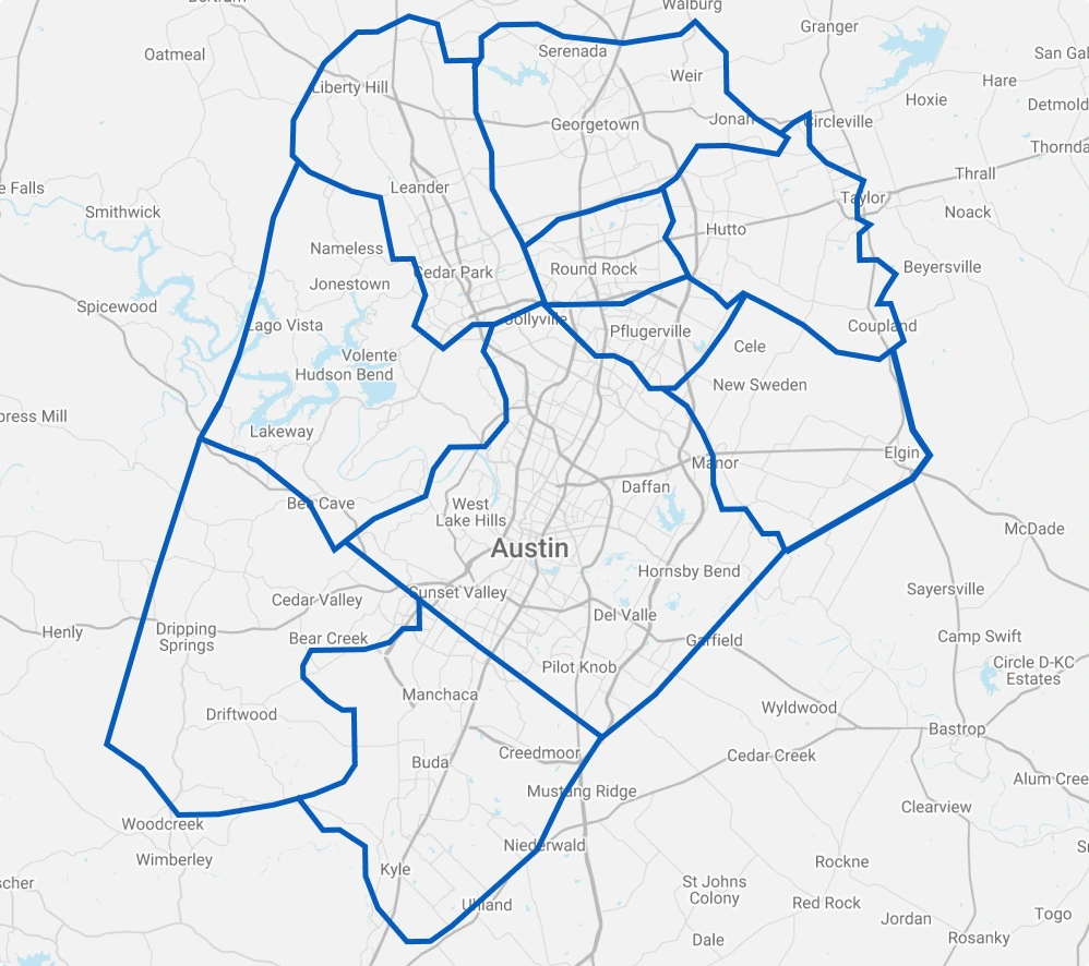 Topmar Home 3 Map of Austin and surrounding areas with outlined areas served by TopMar.